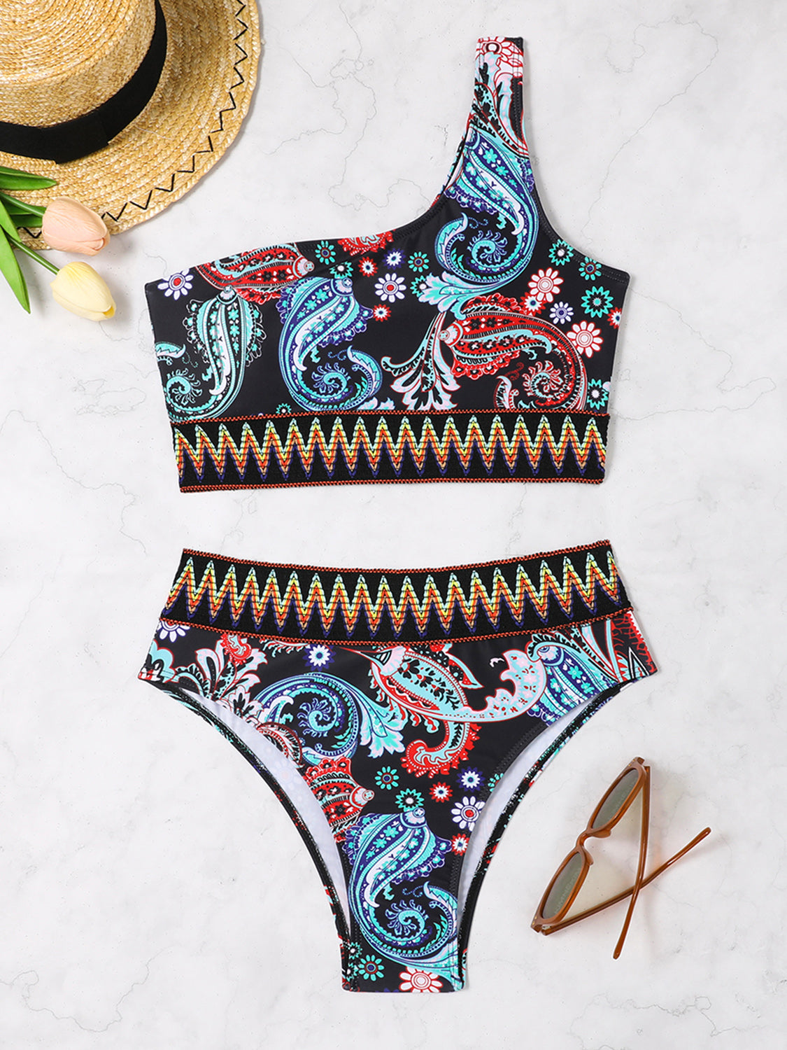 Printed One Shoulder Two-Piece Swim Set - T - 2 COLORS -