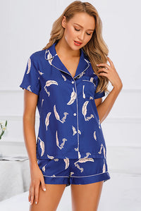 Thumbnail for Printed Button Up Short Sleeve Top and Shorts Lounge Set - 2 PCS. - T - 10 COLORS -