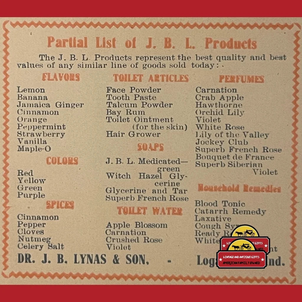 Rare Antique J B Lyons & Son Product List Promotional Ad Label, Logansport, in 1910s