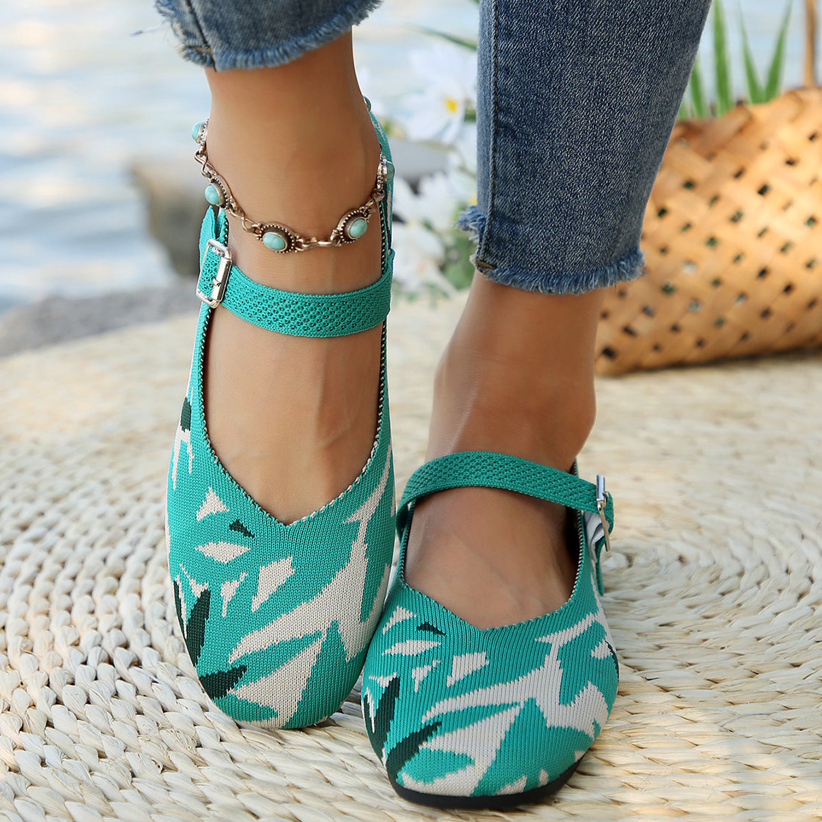 Printed Round Toe Flat Slip-Ons - T - 2 COLORS -