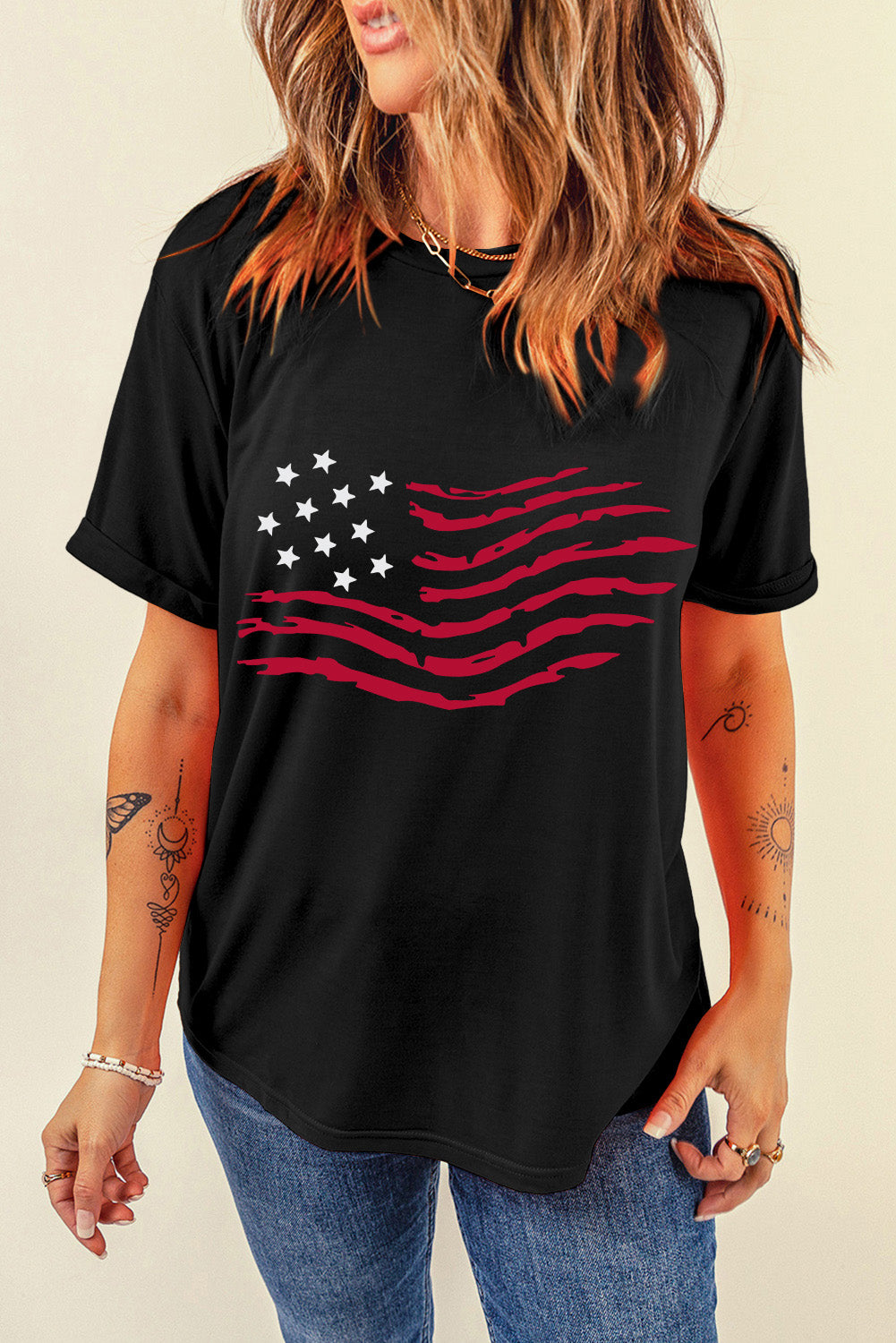 US Flag Round Neck Short Sleeve T-Shirt - T - 1 COLOR -