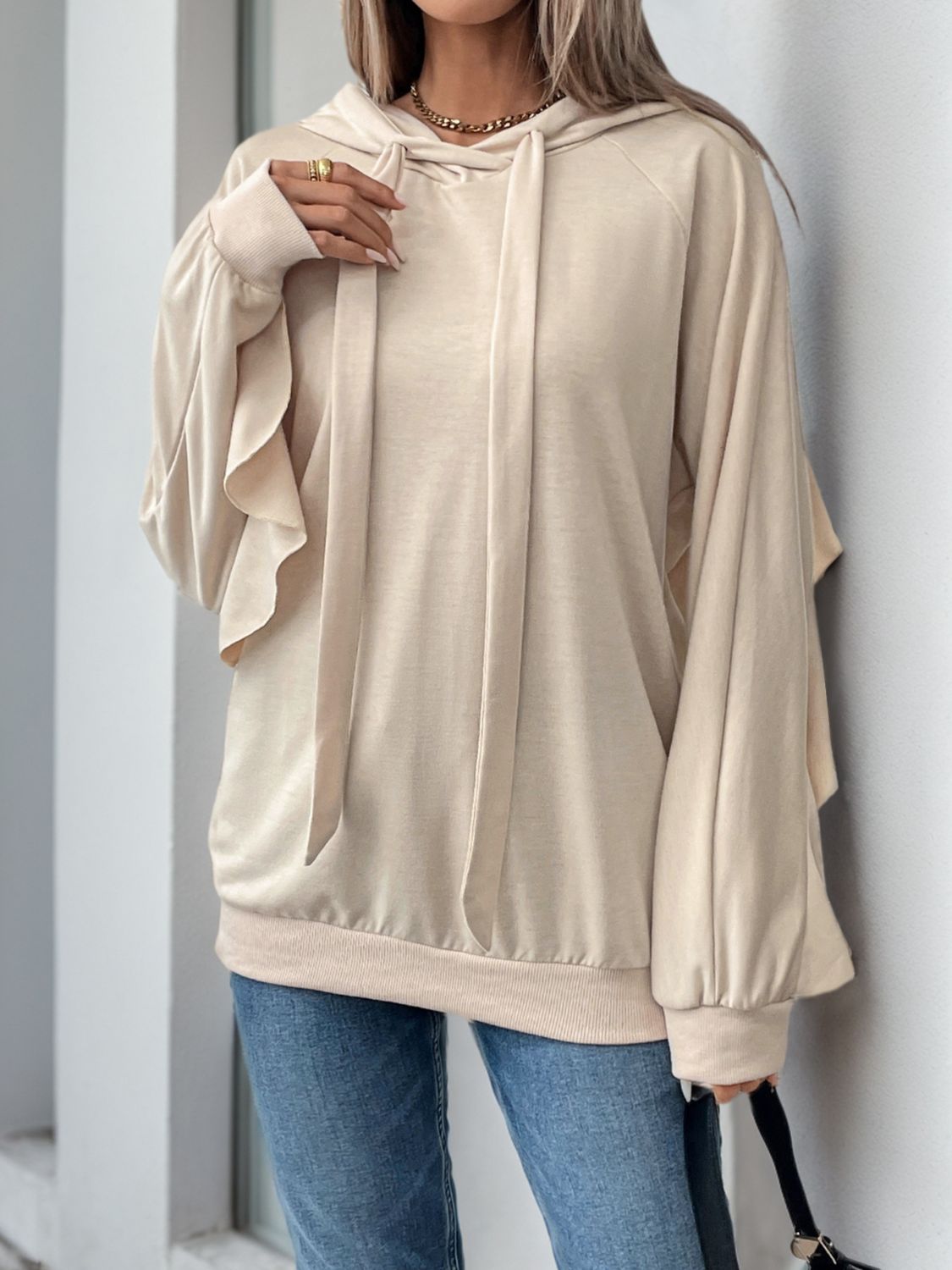 Perfee Drawstring Ruffled Long Sleeve Hoodie - T - 1 COLOR -