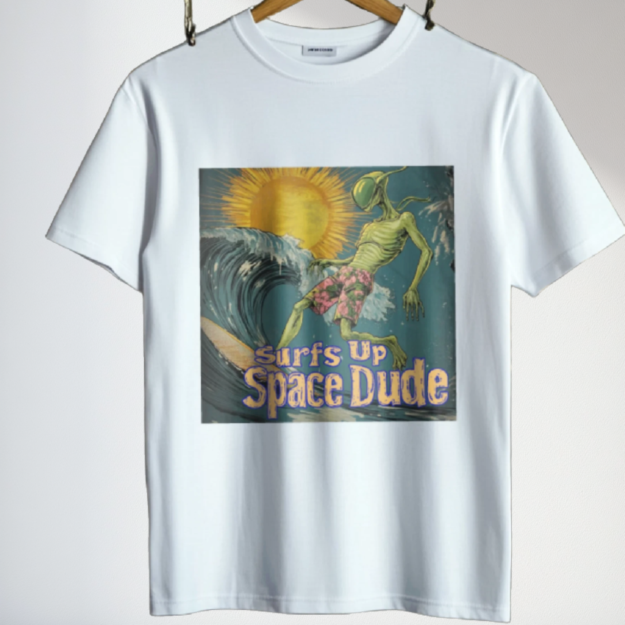 Surfs Up Space Dude Alien T-Shirt, Surfing Alien Tee - 2 COLORS -