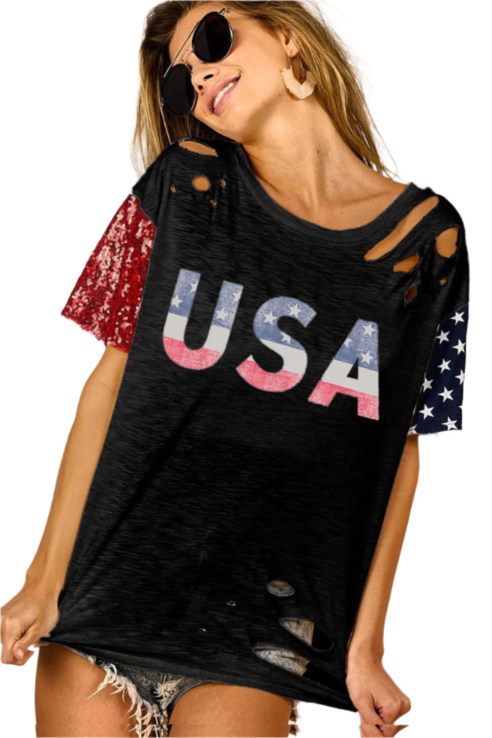 BiBi USA Graphic Short Sleeve Distressed T-Shirt - T - 1 COLOR -