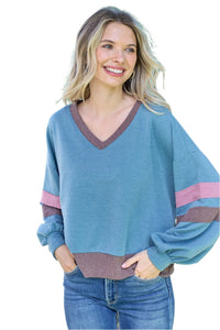 Thumbnail for Hailey & Co Color Block V-Neck Cropped sweatshirt