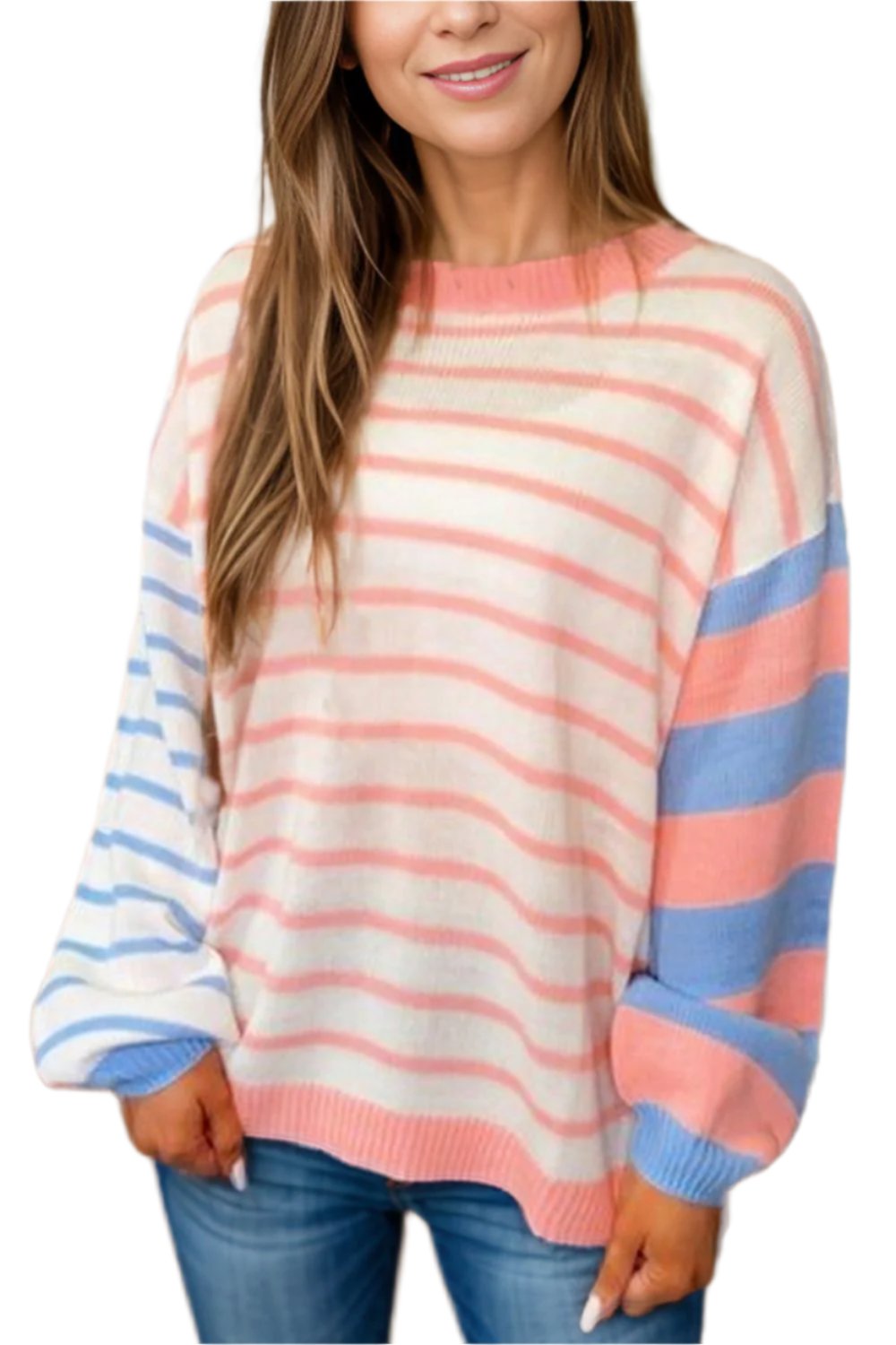 Contrast Striped Round Neck Long Sleeve Sweater - T - 1 COLOR -