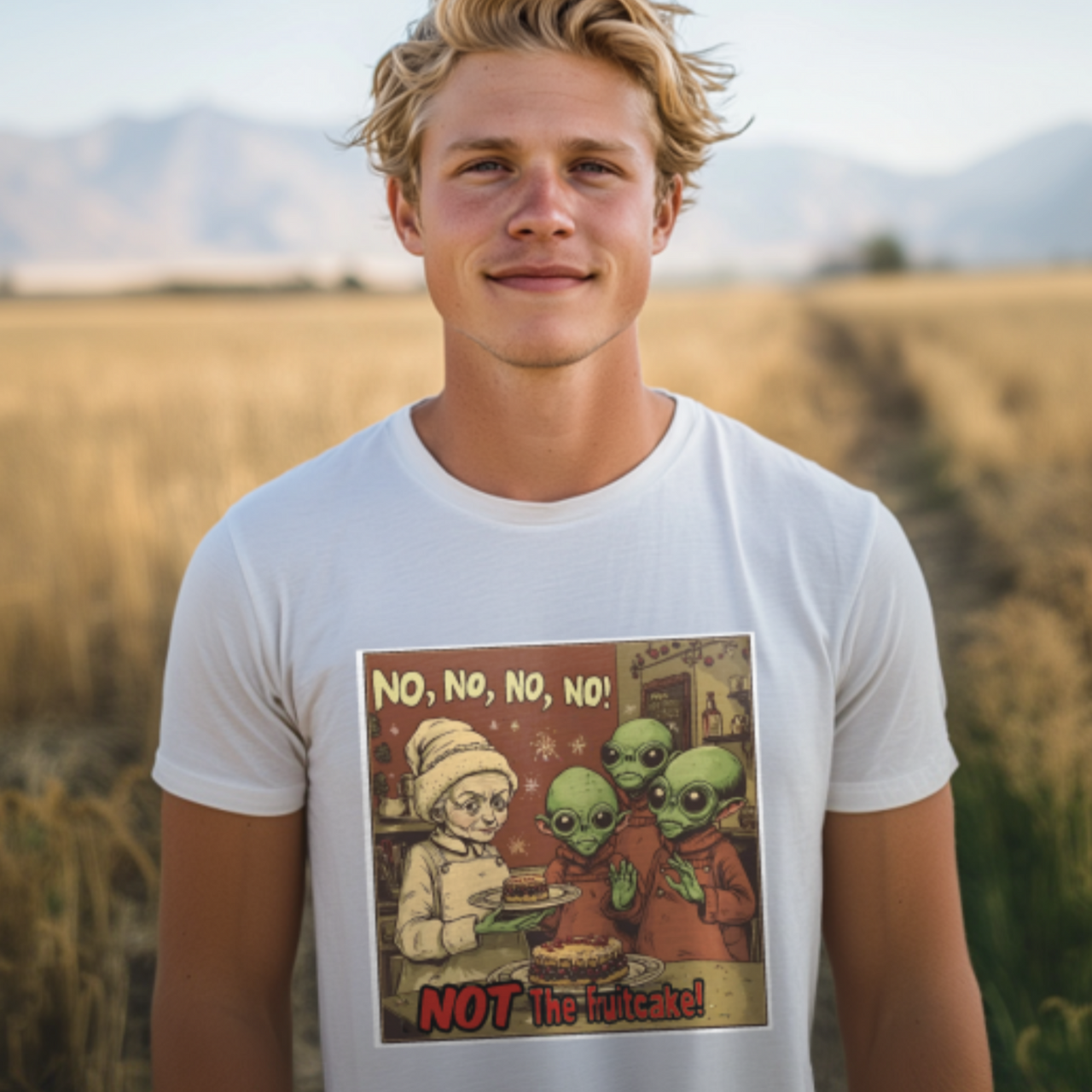 No, No, No, No ... Not the Fruitcake! Alien T-Shirt, Funny Holiday Tee - 2 COLORS -