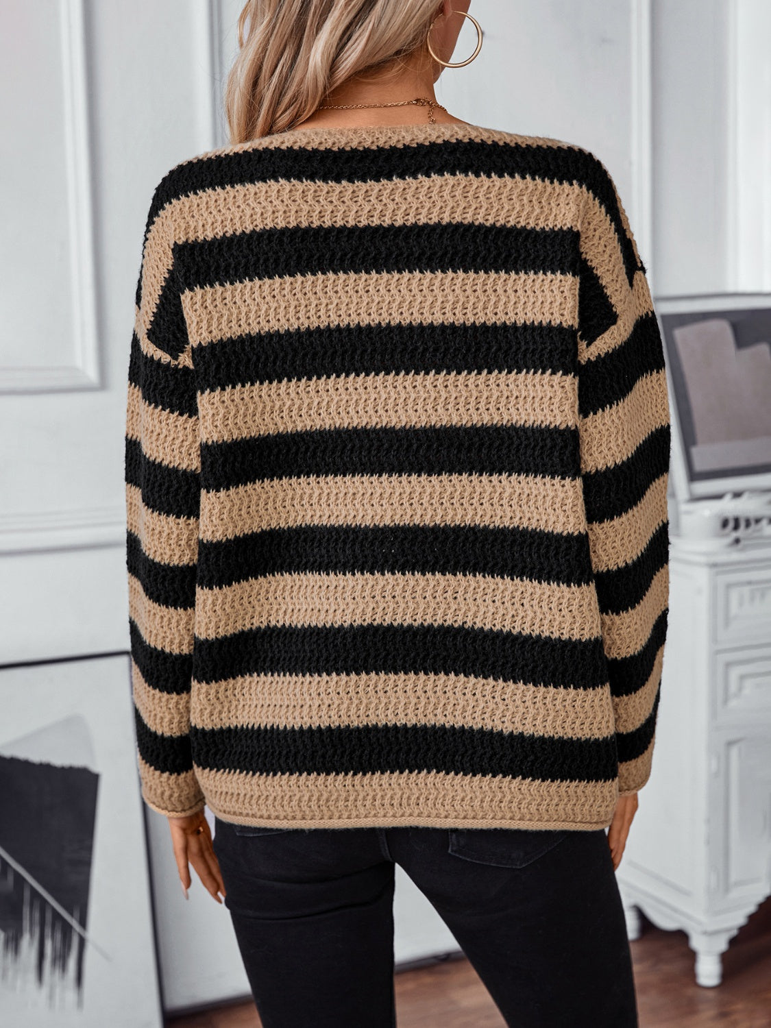 Striped Dropped Shoulder Long Sleeve Sweater - T - 2 COLORS -