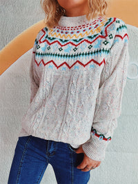 Thumbnail for Cable-Knit Mock Neck Long Sleeve Sweater - T - 2 COLORS -