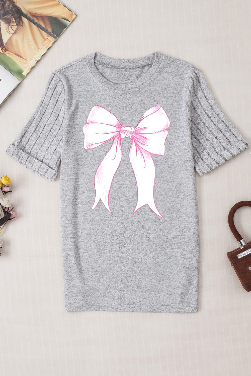 Bow Graphic Round Neck Short Sleeve T-Shirt - T - 1 COLOR -