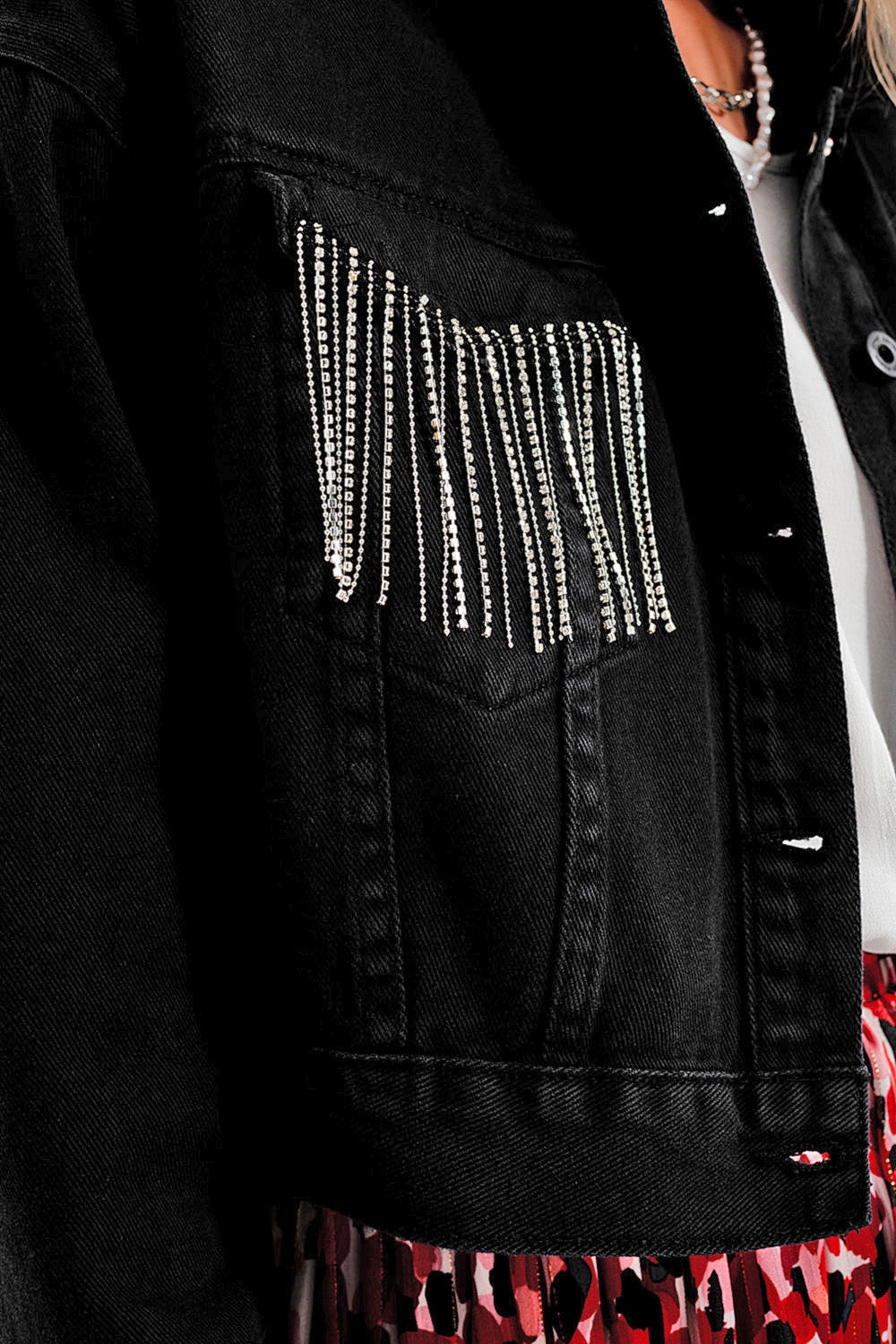 Q2 - Black Denim Jacket With Strass Fringing - 1 COLOR -