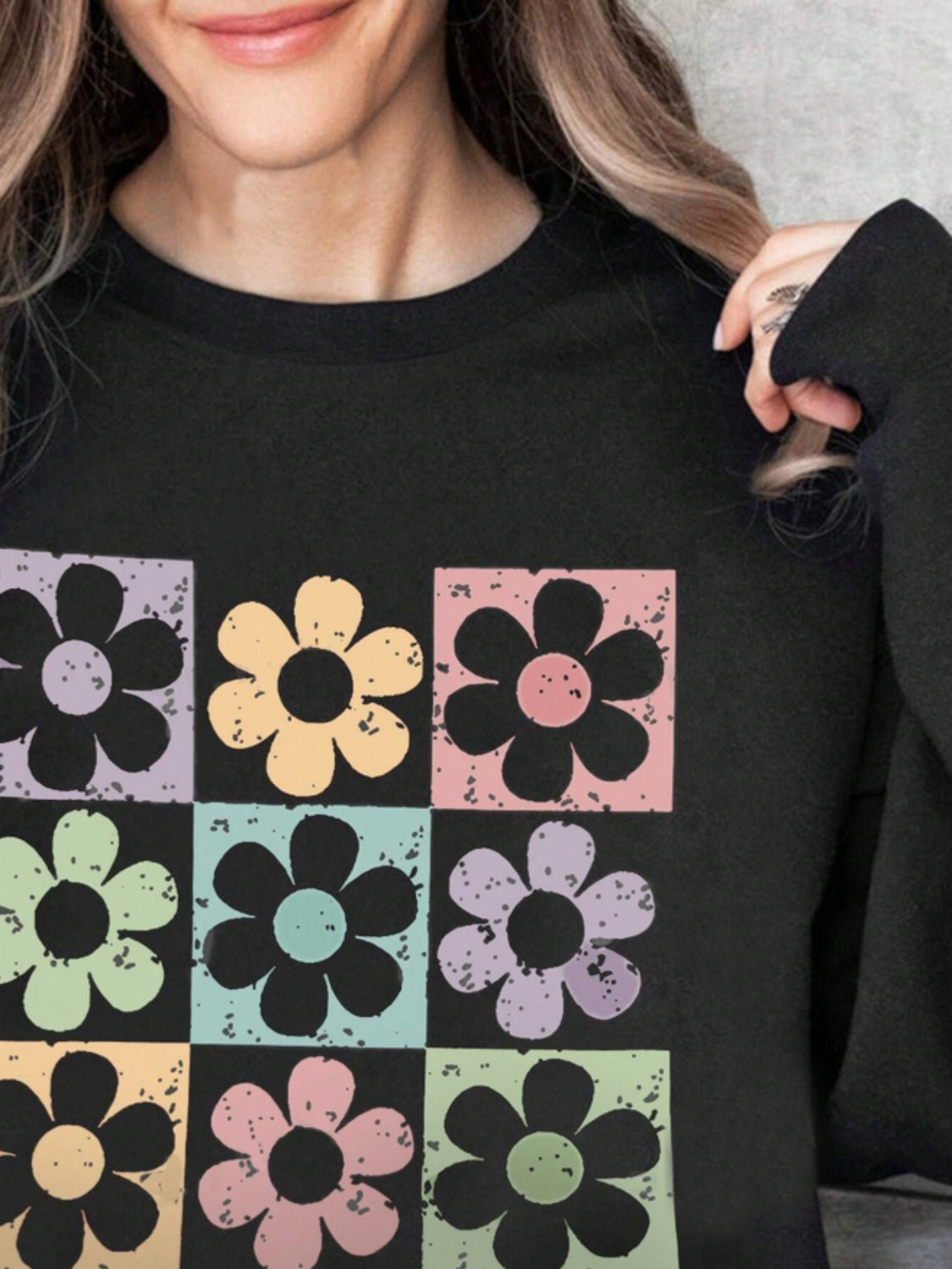 Flower Round Neck Long Sleeve Sweatshirt - T - 1 COLOR -