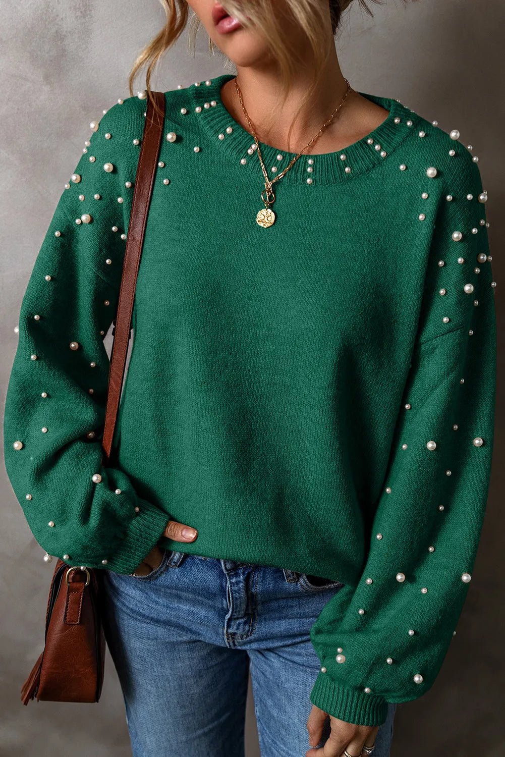 Pearl Detail Round Neck Long Sleeve Sweater - T - 4 COLORS -