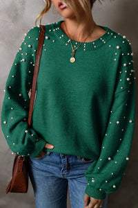 Thumbnail for Pearl Detail Round Neck Long Sleeve Sweater - T - 4 COLORS -