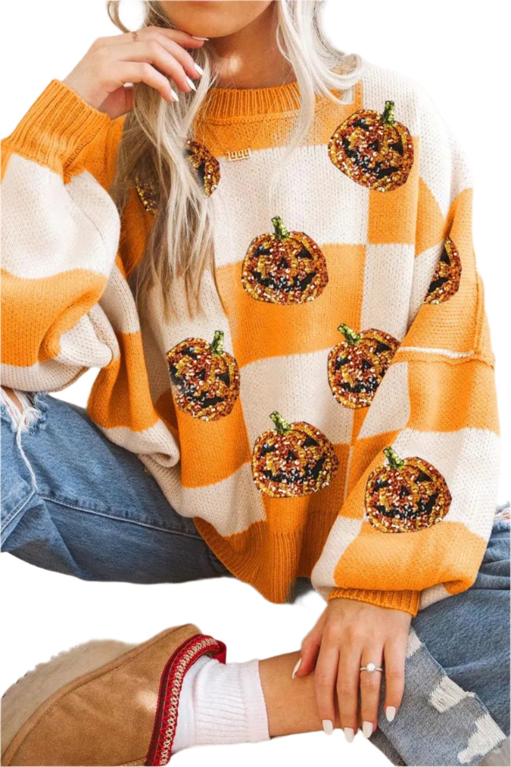 Pumpkin Checkered Round Neck Long Sleeve Sweater - T - 1 COLOR -