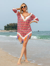 Thumbnail for Fringe V-Neck Half Sleeve Cover-Up - ONE SIZE FITS ALL - T - 2 COLORS -