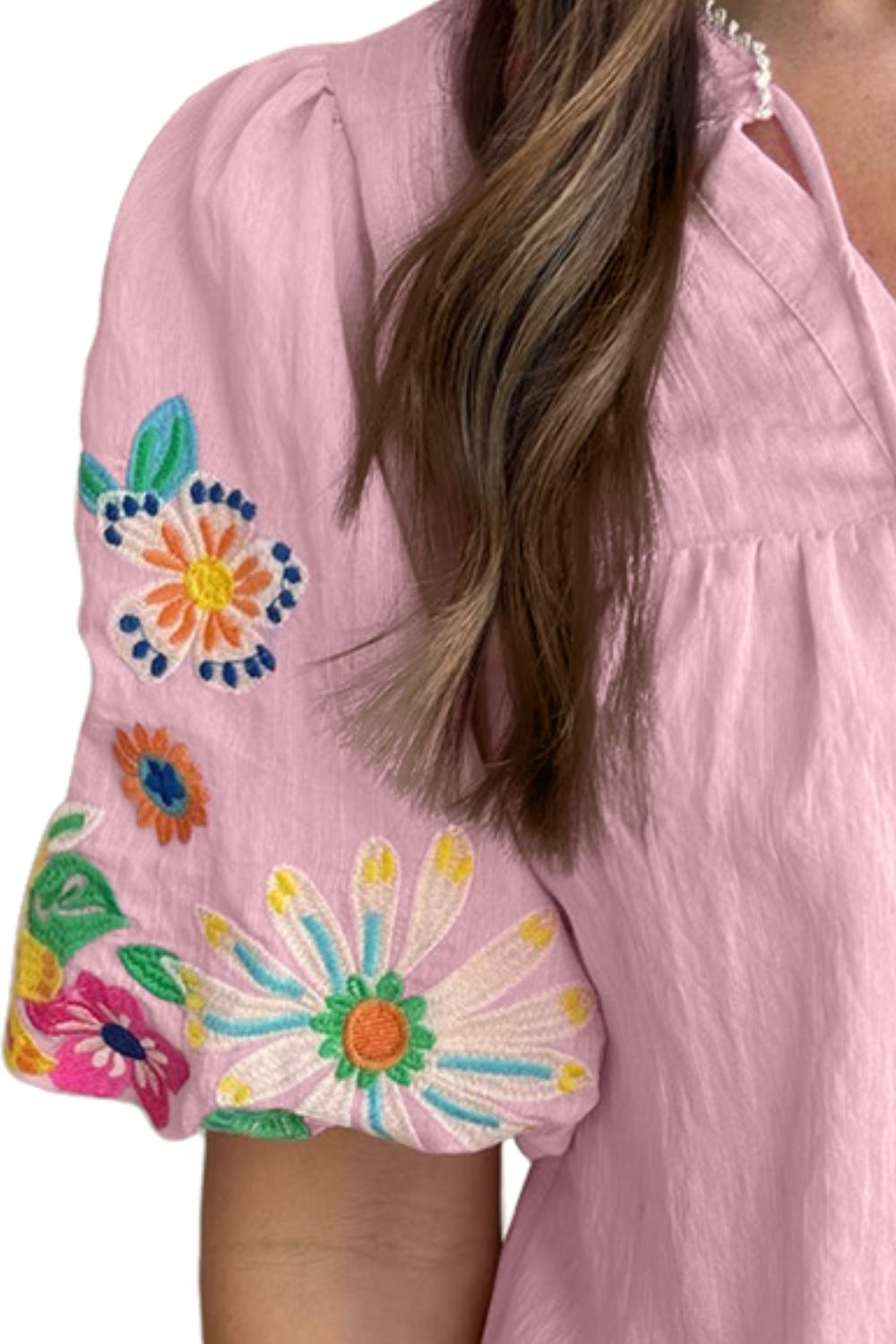 Embroidered Tie Neck Half Sleeve Blouse - T - 3 COLORS -