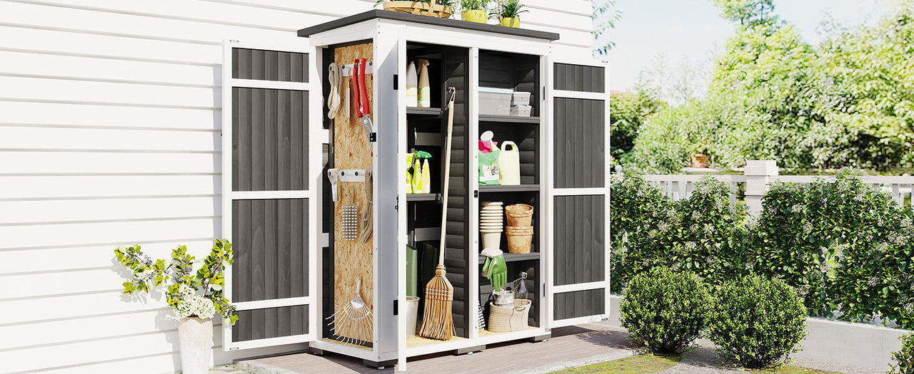 Outdoor 5.5ft Hx4.1ft L Wood Storage Shed, Garden Tool Cabinet With Waterproof Asphalt Roof, Four Lockable Doors, Multip