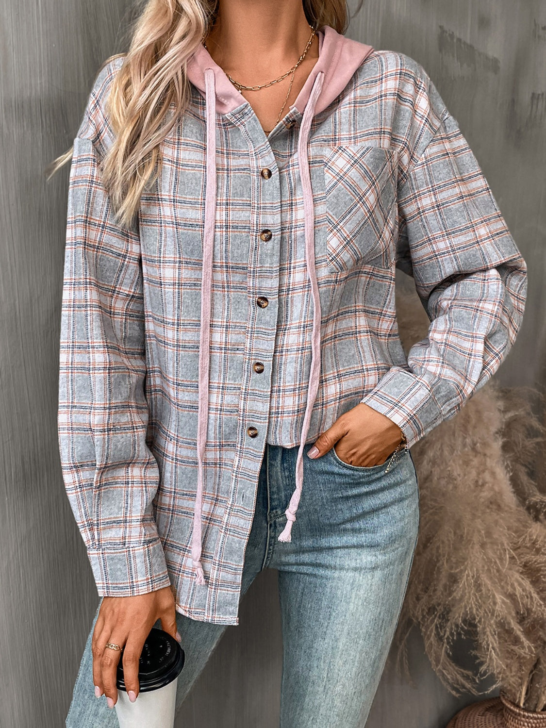 Plaid Long Sleeve Lightweight Hooded Jacket - T - 5 COLORS -