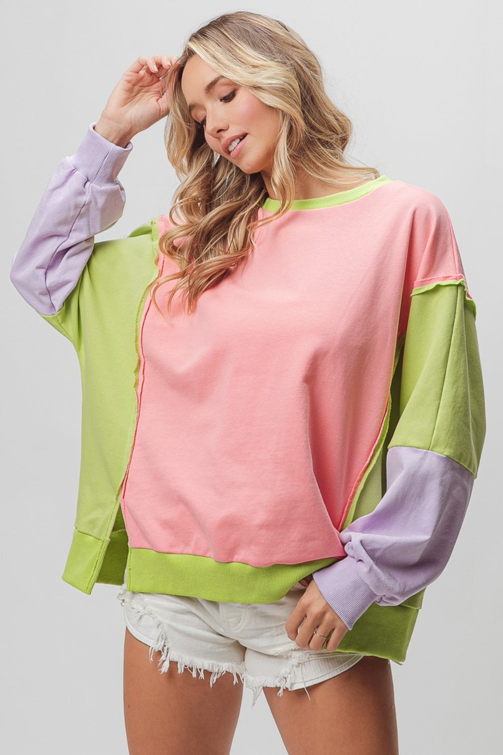 BiBi Washed Color Block Sweatshirt - T - 1 COLOR -