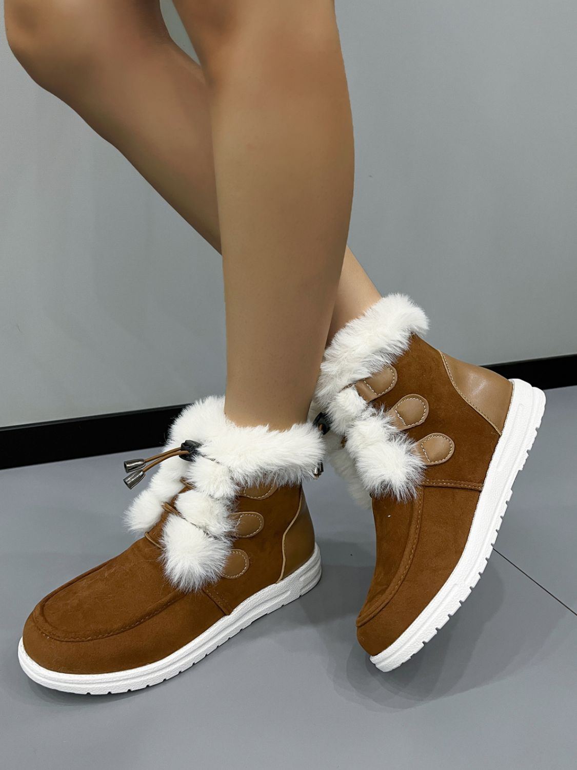 Plush Detail Suede Round Toe Boots - T - 2 COLORS -