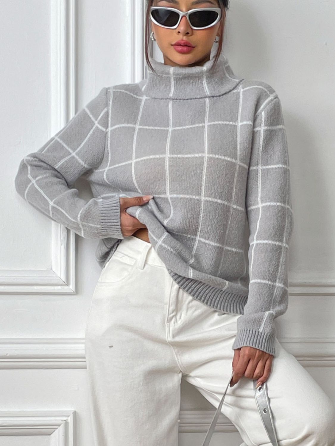 Plaid Turtleneck Long Sleeve Sweater - T - 3 COLORS -