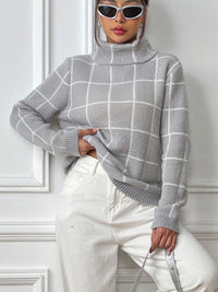 Thumbnail for Plaid Turtleneck Long Sleeve Sweater - T - 3 COLORS -