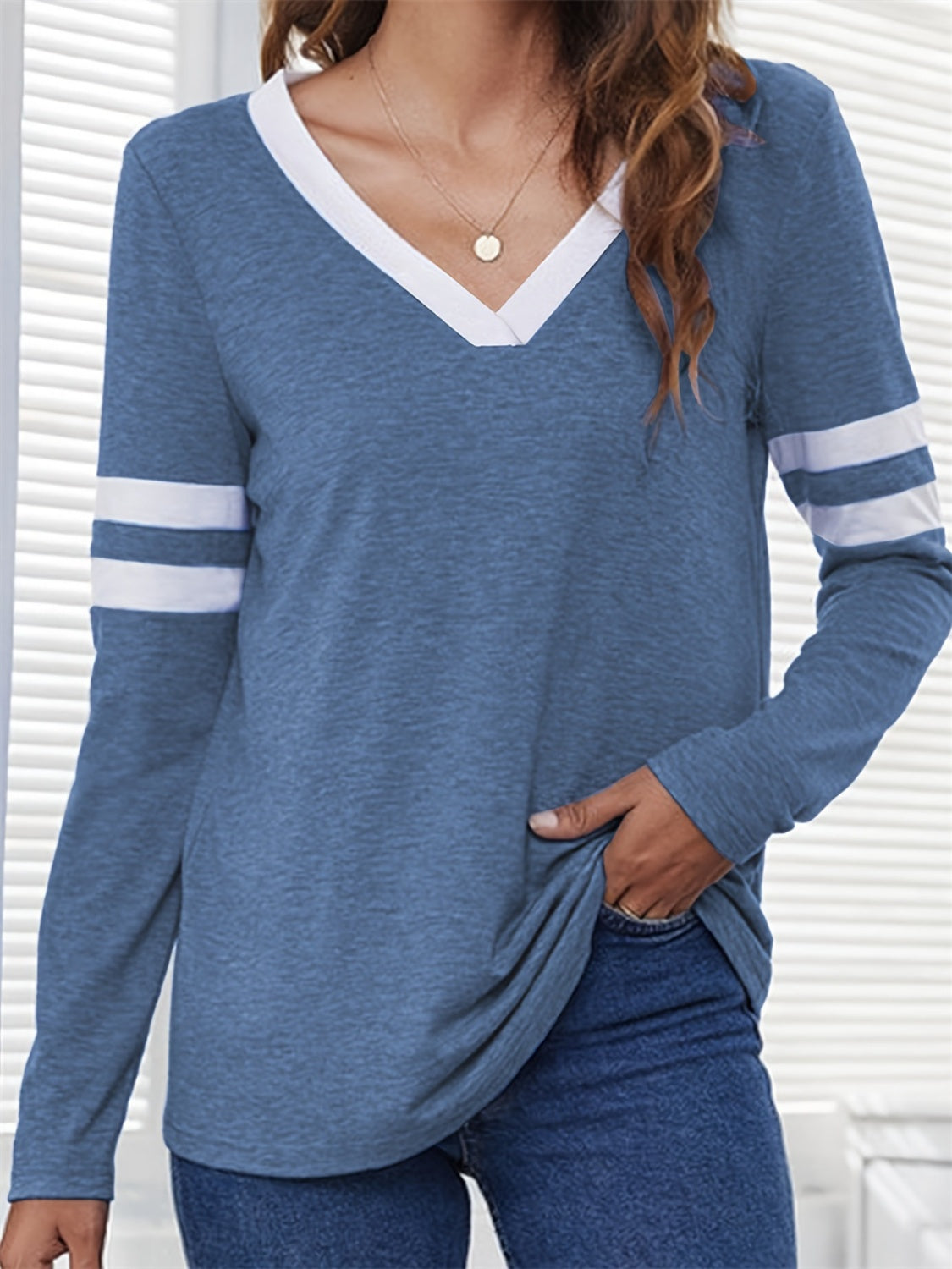 Heathered V-Neck Long Sleeve T-Shirt - T - 1 COLOR -