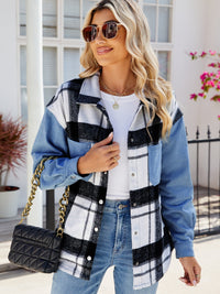 Thumbnail for Pocketed Plaid Snap Down Denim Jacket - T - 1 COLOR -