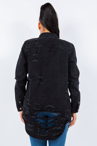 Thumbnail for American Bazi Distressed Button Up Long Sleeve Denim Jacket - T - 1 COLOR -