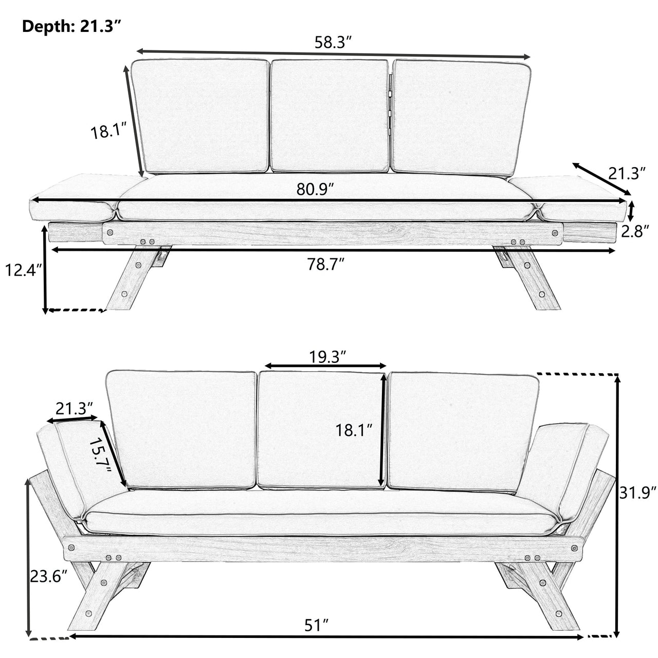 Outdoor Adjustable Patio Wooden Daybed Sofa Chaise Lounge With Cushions for Small Places, Brown Finish+Beige Cushion