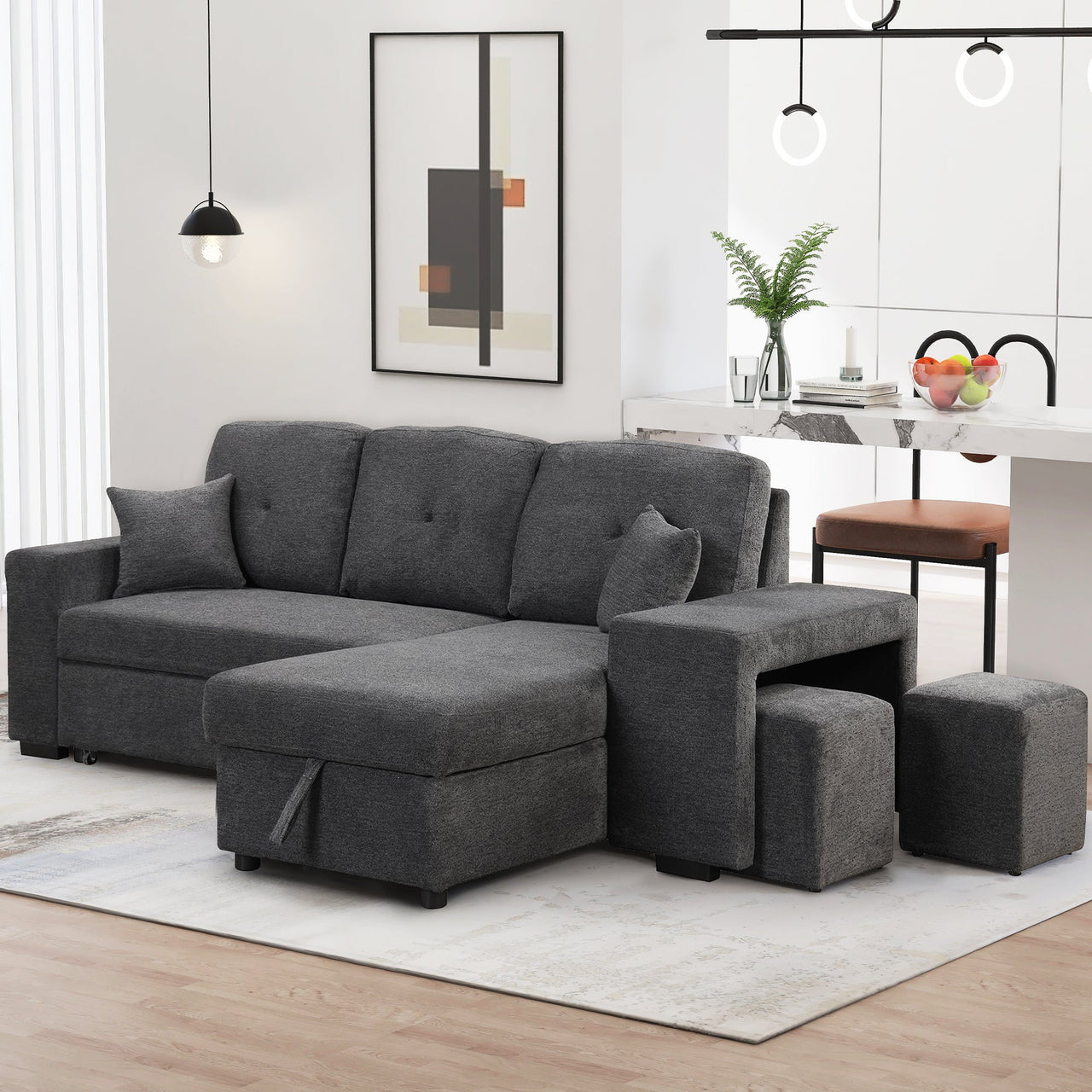 Reversible Sleeper Sectional Sofa Bed With Side Shelf and 2 Stools,Pull-Out L-Shaped Sofa Bed,Corner Sofa-Bed With Stora