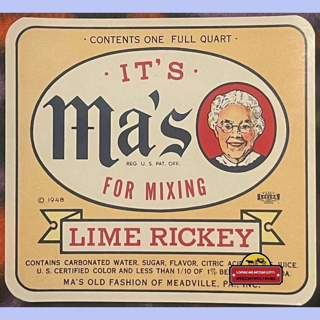 Antique Vintage Ma's Lime Rickey Label, Meadville, Pa 1940s - 1950s