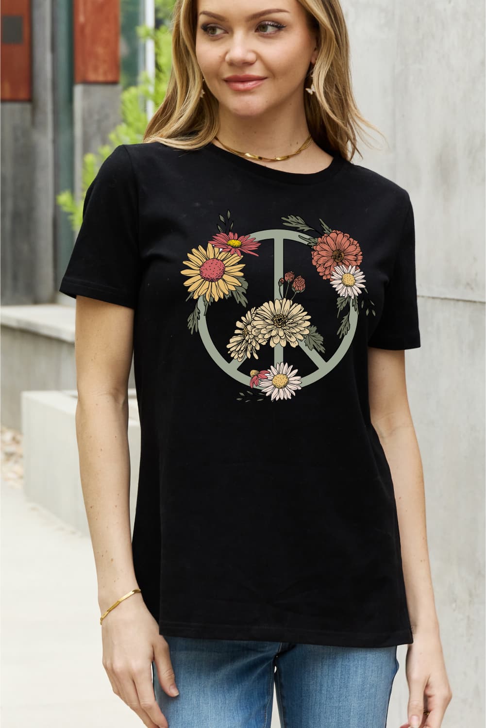 Simply Love Full Size Flower Peace sign Graphic Cotton Tee - T - 2 COLORS -