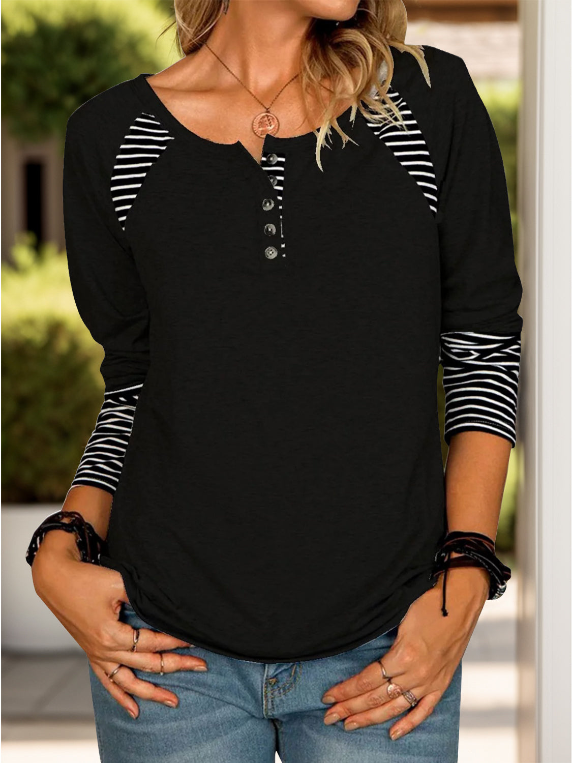 Full Size Striped Quarter Button Long Sleeve T-Shirt - T - 6 COLORS -