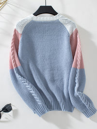 Thumbnail for Color Block Round Neck Long Sleeve Sweater - T - 2 COLORS -