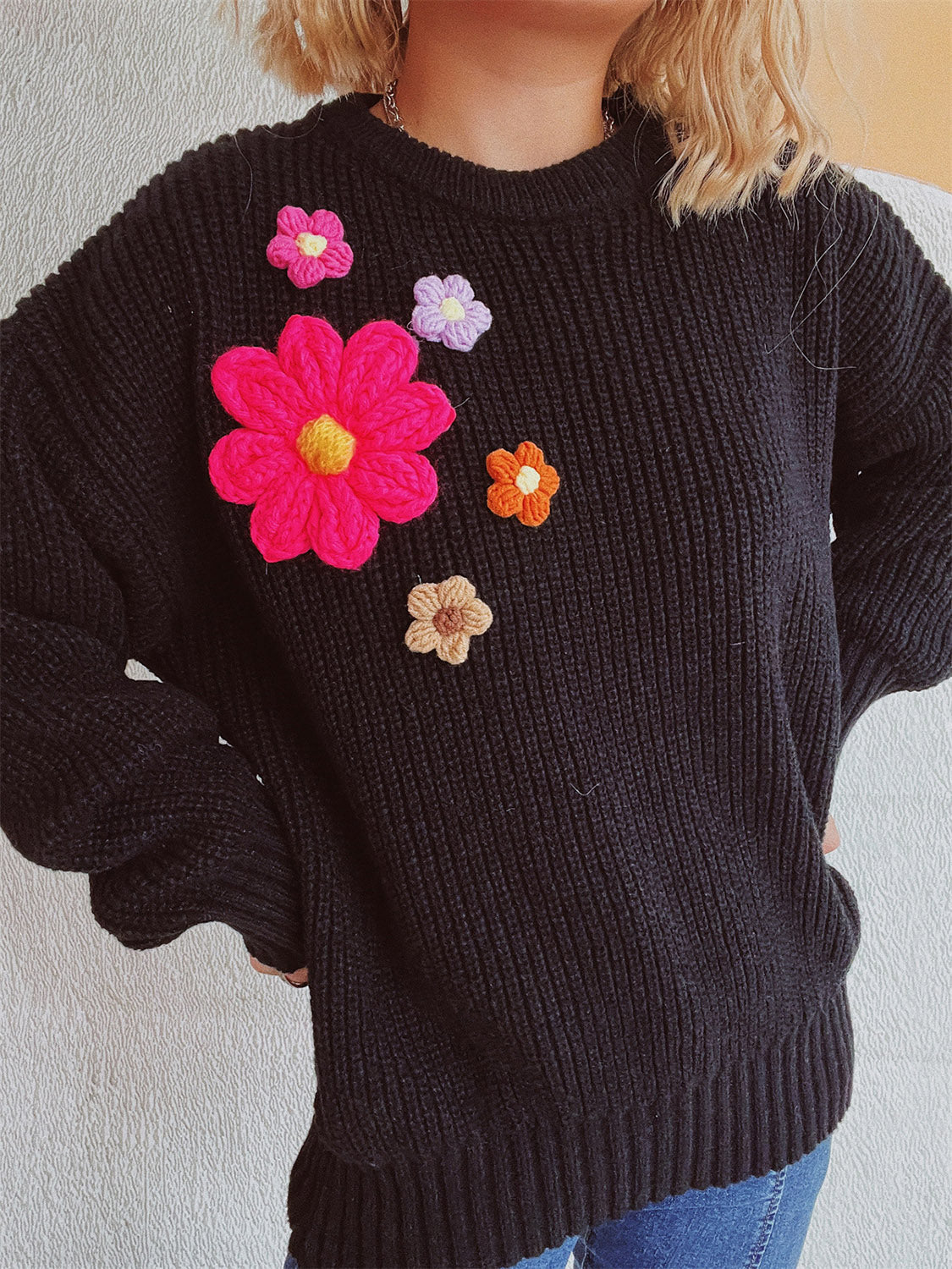 Crochet Flower Round Neck Dropped Shoulder Sweater - 1 OVERSIZE - T - 3 COLORS -