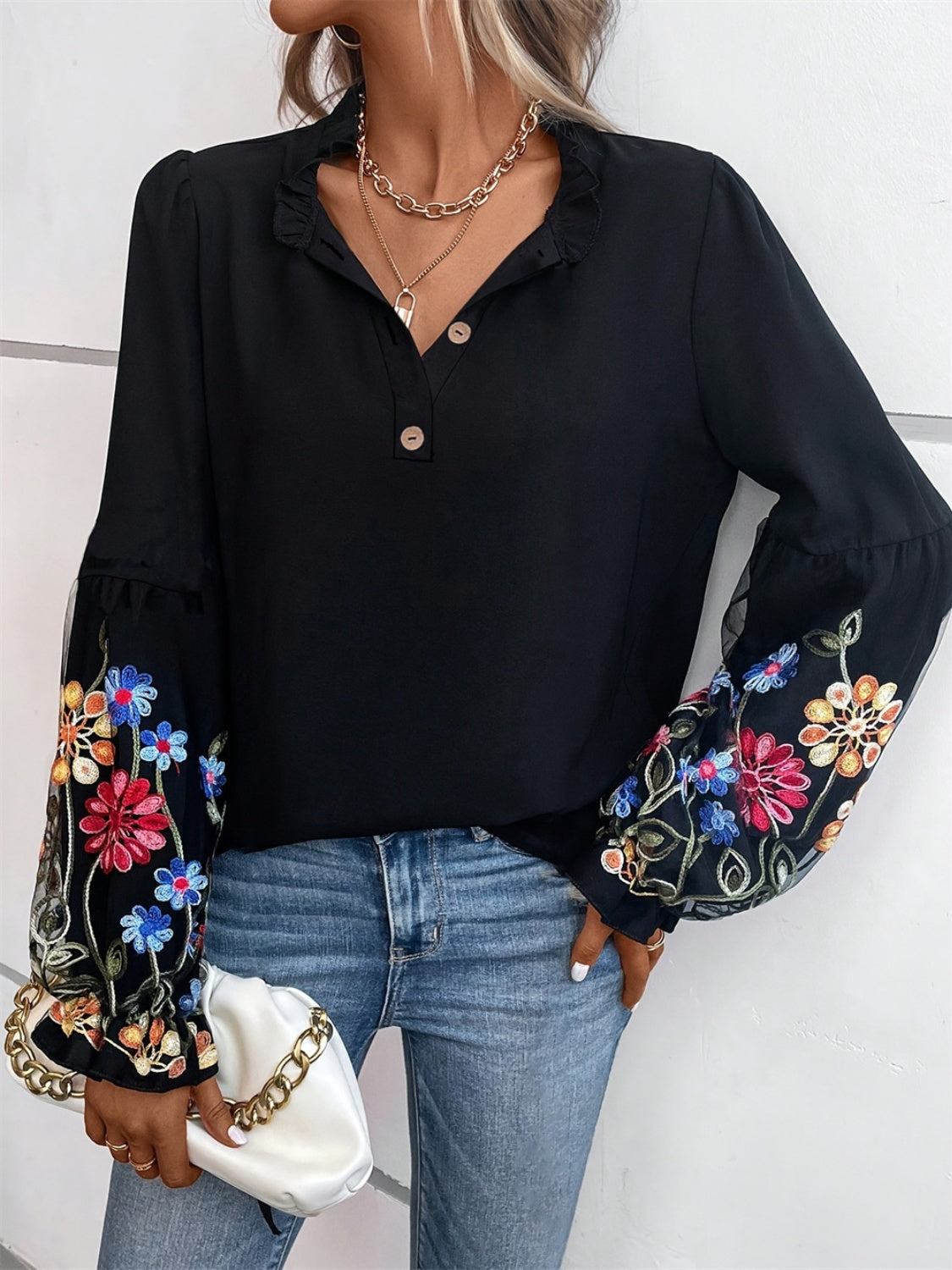 Embroidered Notched Long Sleeve Blouse - T - 1 COLOR -