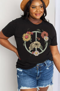 Thumbnail for Simply Love Full Size Flower Peace sign Graphic Cotton Tee - T - 2 COLORS -