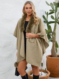 Thumbnail for Fuzzy Trim Open Front Poncho - ONE SIZE - T - 6 COLORS -