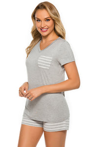 Thumbnail for Striped Short Sleeve Top and Shorts Lounge set - 2 PCS. - T - 7 COLORS -