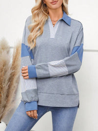 Thumbnail for Slit Striped Johnny Collar Long Sleeve Top - T - 1 COLOR -