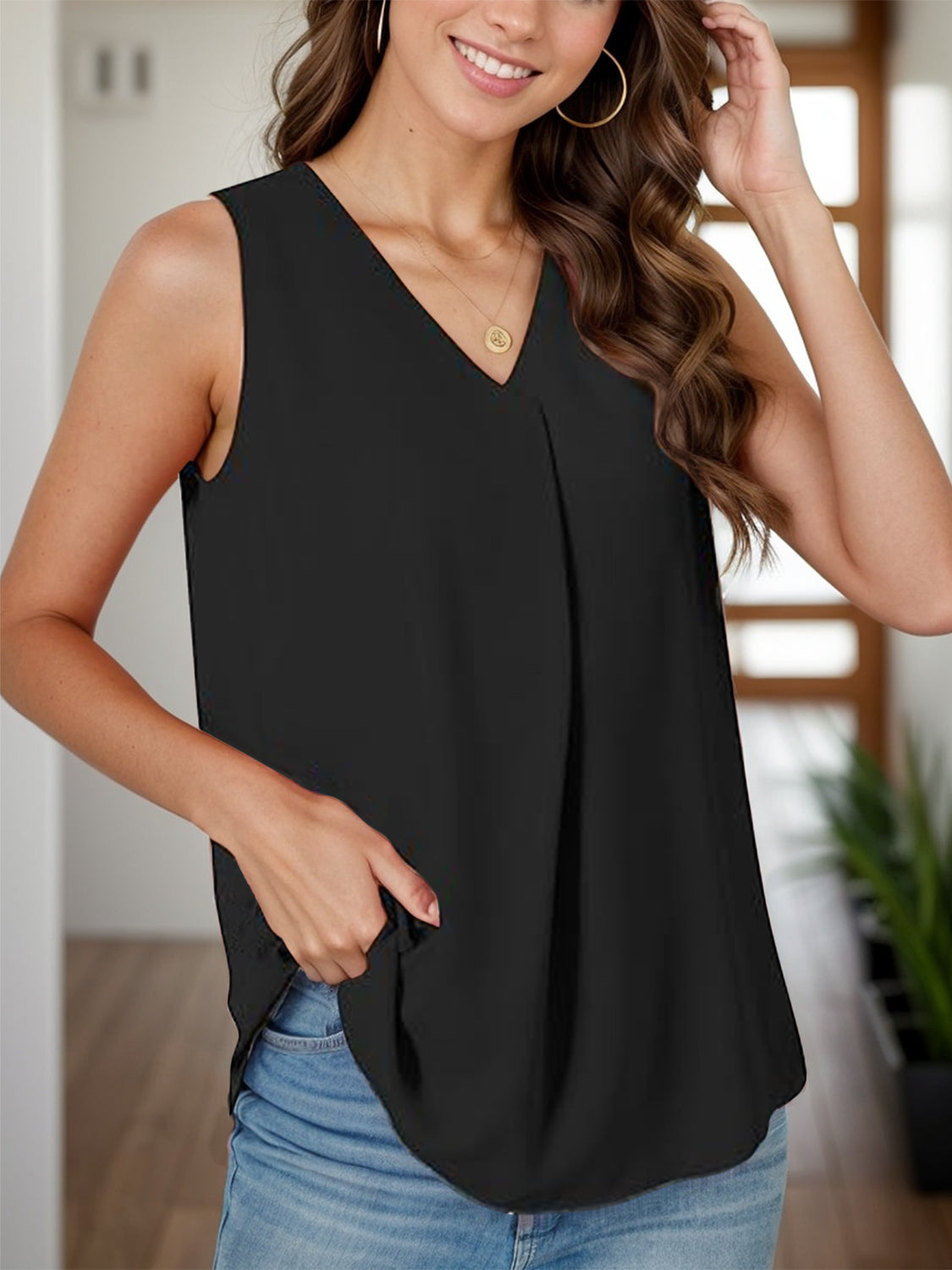 Full Size Ruched V-Neck Tank - SIZES S THRU 3XL - T - 12 COLORS -