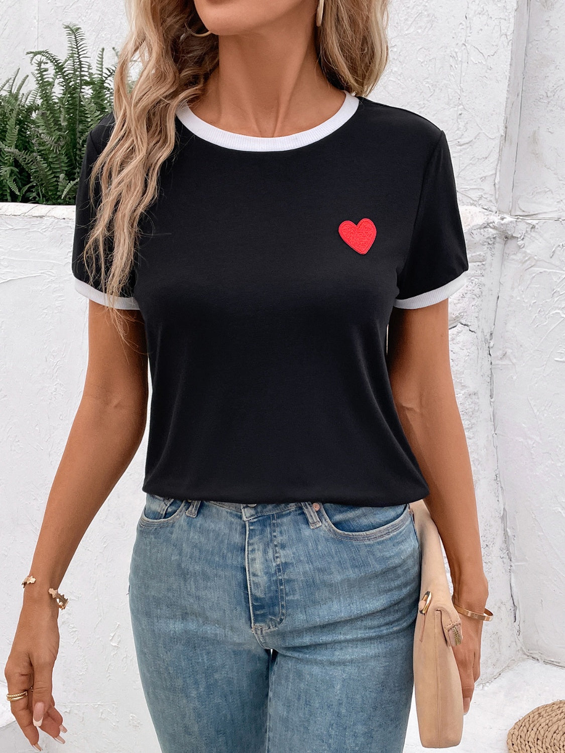 Heart Round Neck Short Sleeve T-Shirt - T - 1 COLOR -