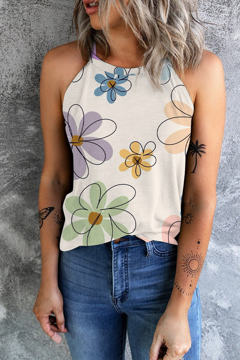 Printed Round Neck Tank - T - 1 COLOR -