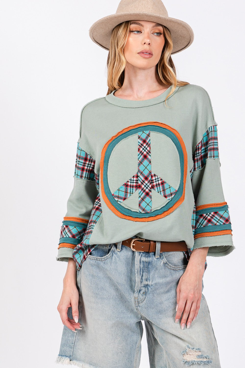 SAGE + FIG Peace Applique Patch Contrast Plaid Top - T - 1 COLOR -