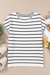 Thumbnail for Striped Round Neck Cap Sleeve Knit Top - T - 1 COLOR -