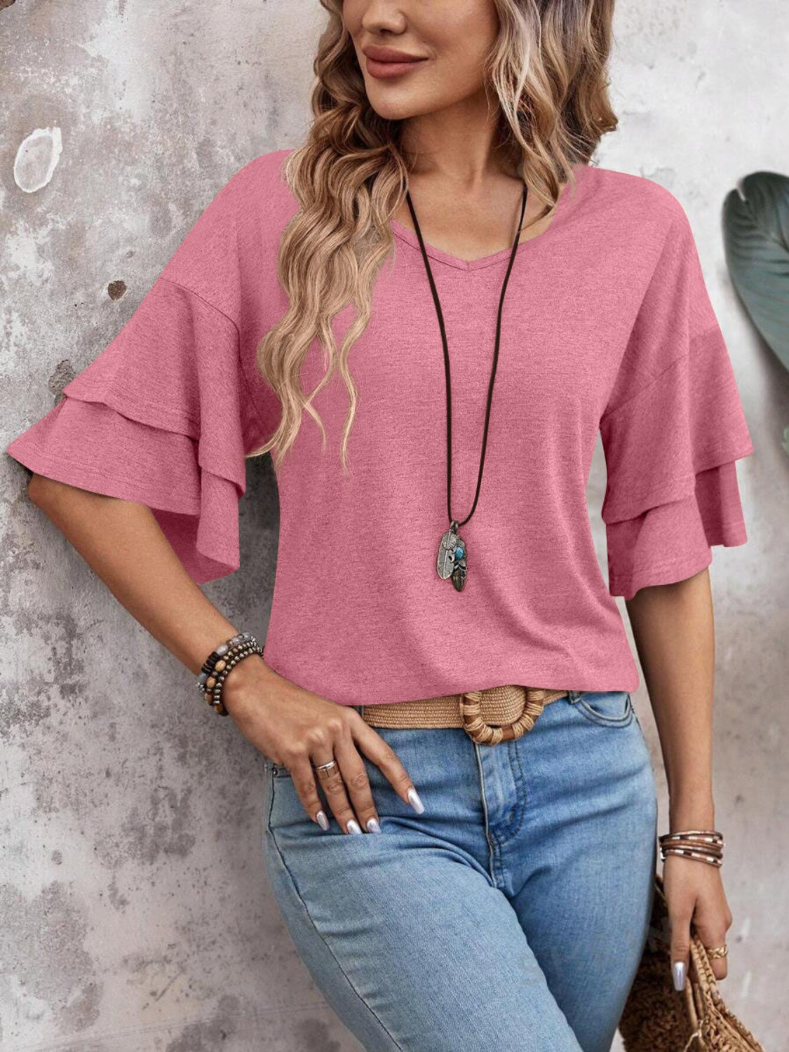 V-Neck Half Sleeve Blouse - T - 5 COLORS -