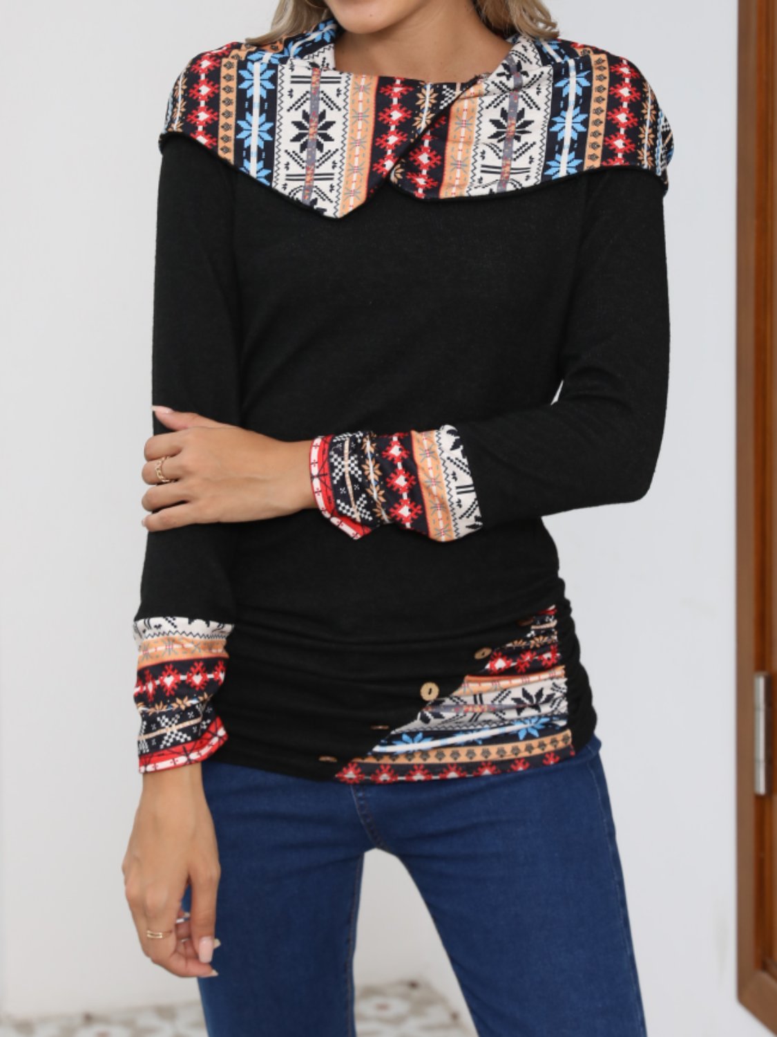 Printed Collared Neck Long Sleeve Blouse - T - 1 COLOR -