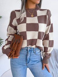 Thumbnail for Checkered Mock Neck Long Sleeve Sweater - T - 4 COLORS -